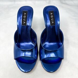 Aqua Lucid Open Toe Slip On Mule Heels Metallic Chrome Blue Retro Rave 90s 5.5